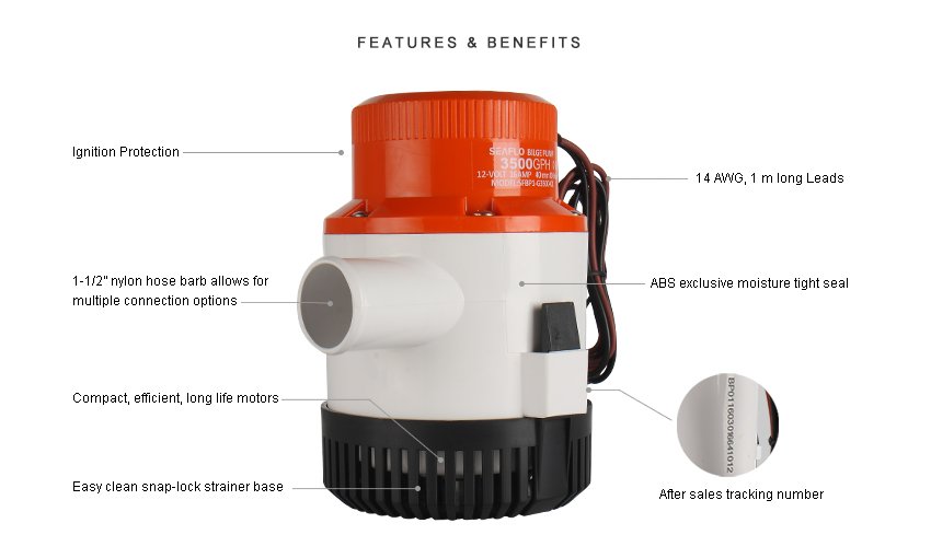Model -SFBP2-G3500-01-01 Series 3500GPH Seaflo Bilge Pump 24V